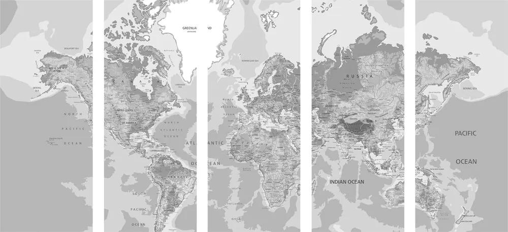 Κλασικός παγκόσμιος χάρτης εικόνας 5 τμημάτων σε ασπρόμαυρο - 100x50