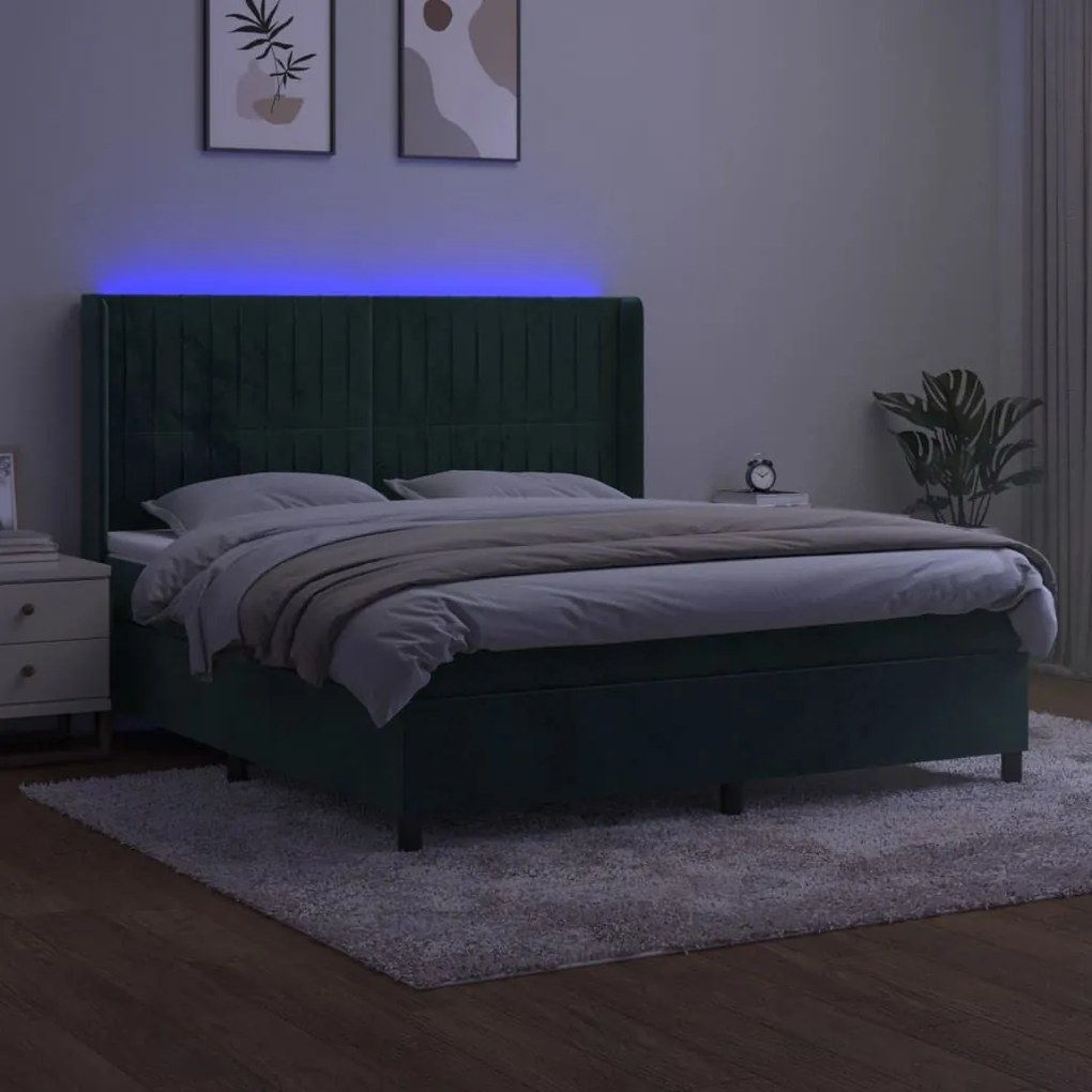 Κρεβάτι Boxspring με Στρώμα &amp; LED Σκ. Πράσινο 160x200εκ Βελούδο - Πράσινο