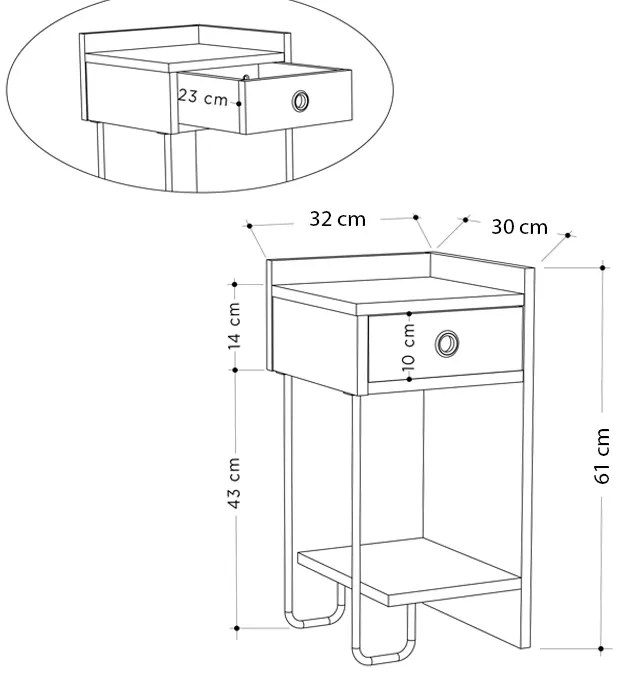 Κομοδίνο Sirius Megapap δεξί χρώμα λευκό 32x30x61εκ.