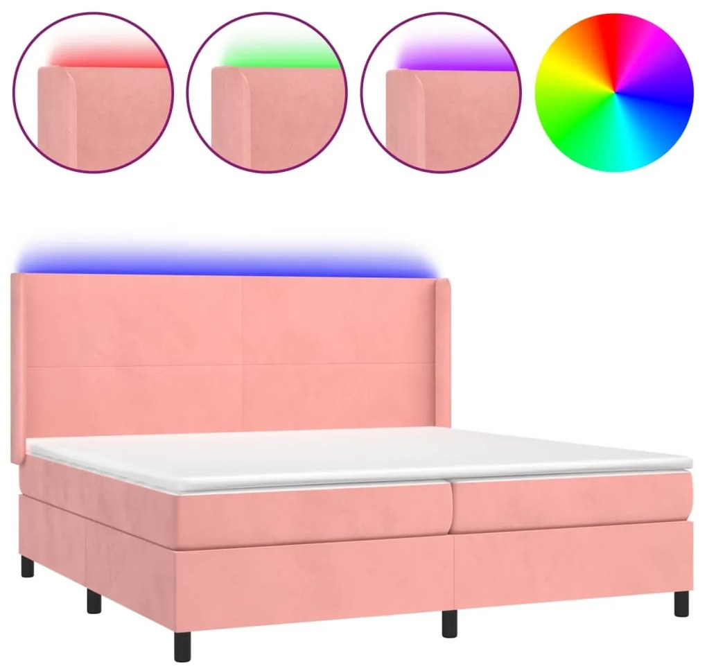 vidaXL Κρεβάτι Boxspring με Στρώμα &amp; LED Ροζ 200x200 εκ. Βελούδινο