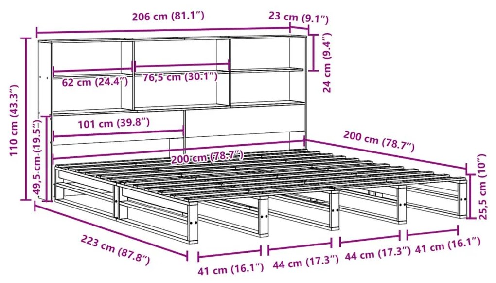 Κρεβάτι Βιβλιοθήκη Χωρίς Στρώμα 200x200 εκ Μασίφ Ξύλο - Καφέ