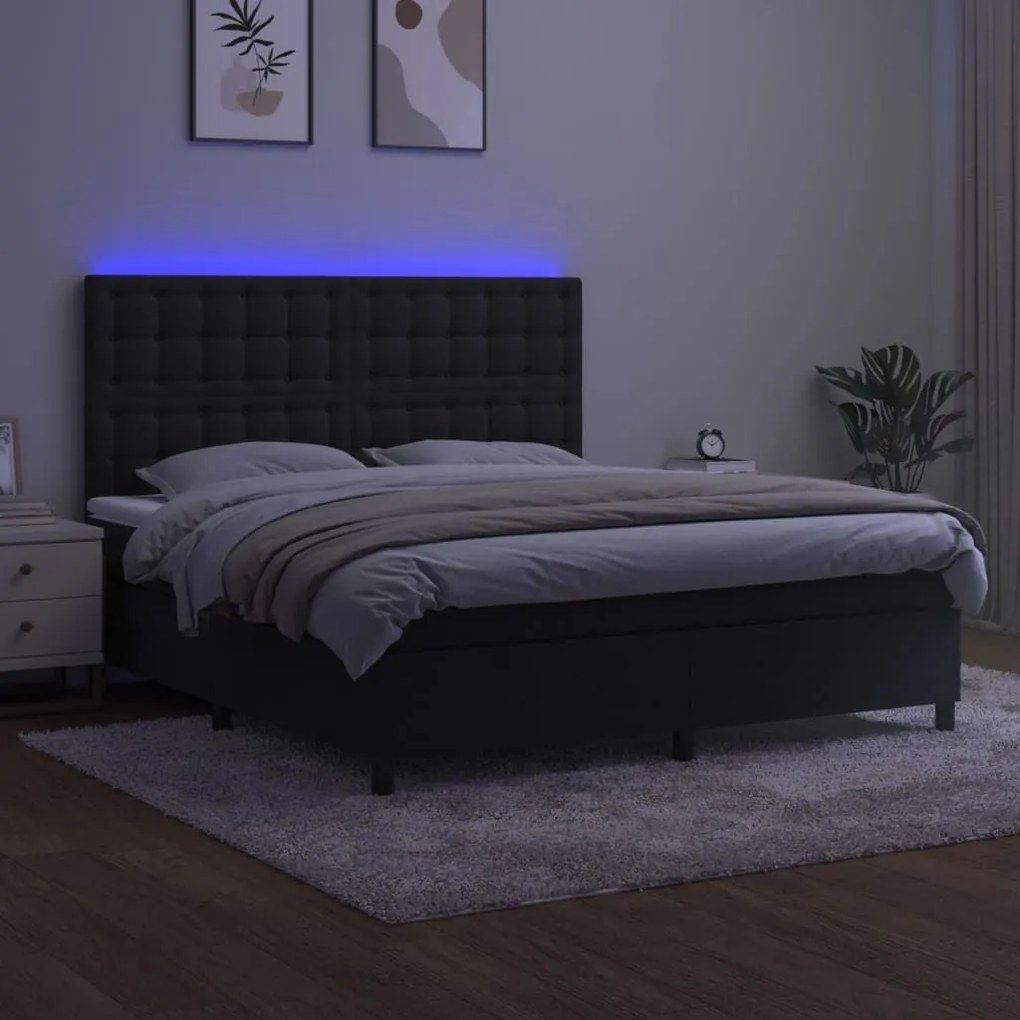 Κρεβάτι Boxspring με Στρώμα &amp; LED Μαύρο 160x200 εκ. Βελούδινο - Μαύρο