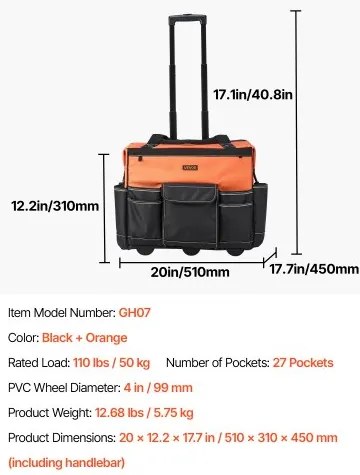 VEVOR Rolling Tool Bag 27 Pockets Heavy Duty Roller Tool Bag on Wheels