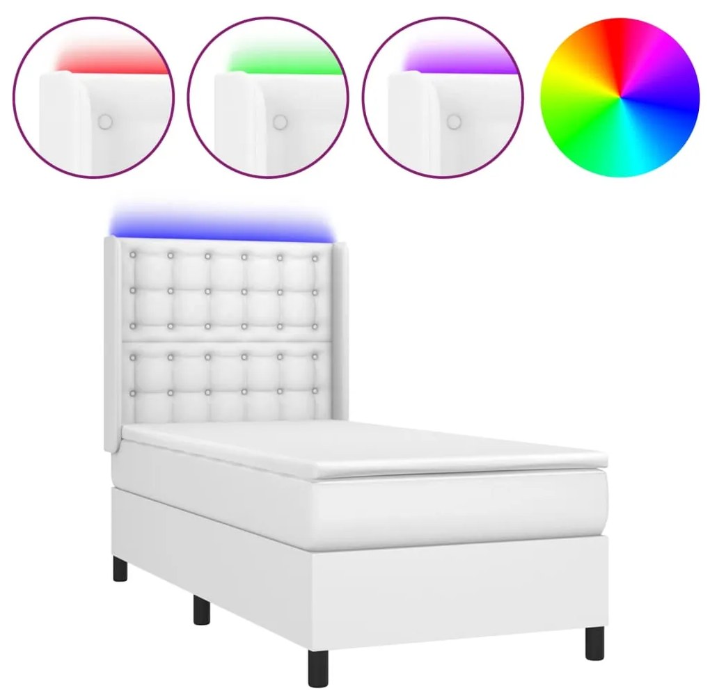 vidaXL Κρεβάτι Boxspring με Στρώμα & LED Λευκό 100x200 εκ. Συνθ. Δέρμα