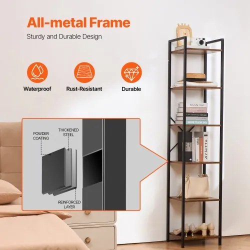 VEVOR Metal Bookshelf Rustic Bookshelf 6-Tier for Living room Bedroom &amp; Office