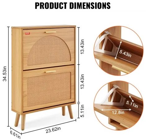 VEVOR Shoe Cabinet with 2 Flip Drawers Rattan Shoe Storage Cabinet for Entryway