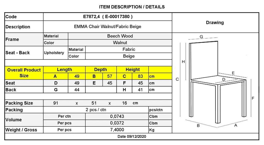 Καρέκλα Emma Οξυά Καρυδί/Ύφασμα Μπεζ Συσκ.2τμχ 49x57x83cm