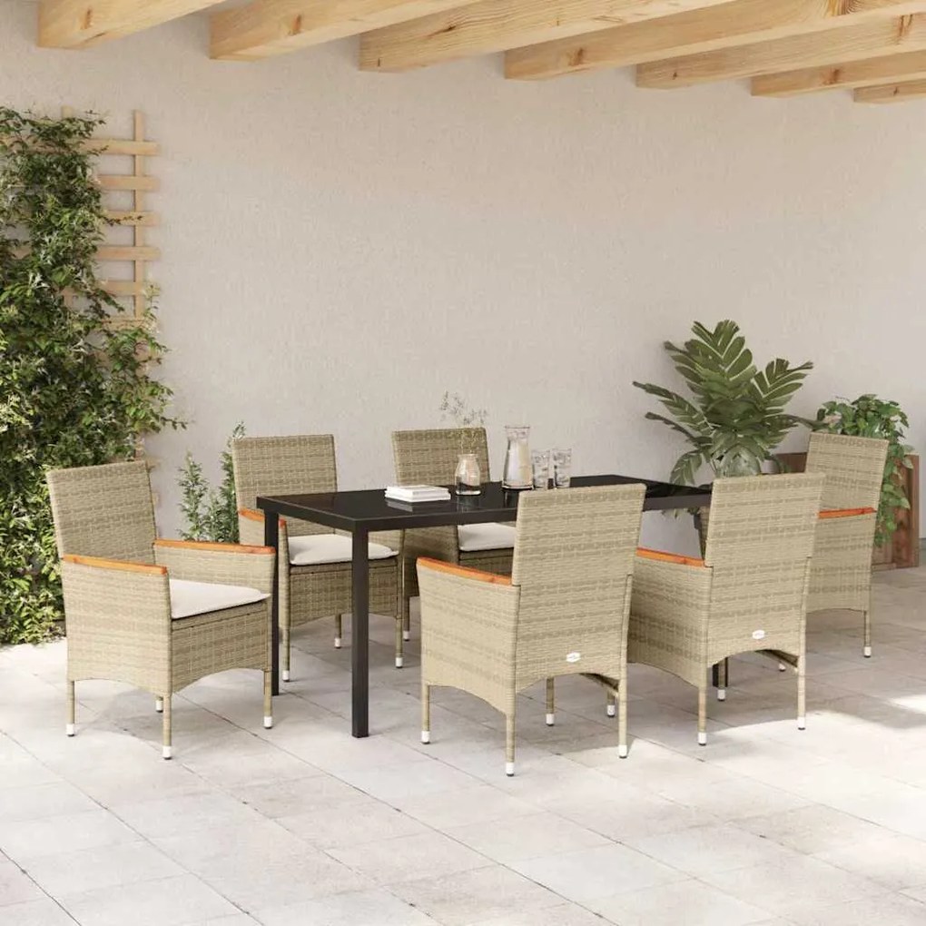 vidaXL Σέτ φαγητού για κήπο με μαξιλάρι 7 pcs Μπεζ Πολυ ράταν