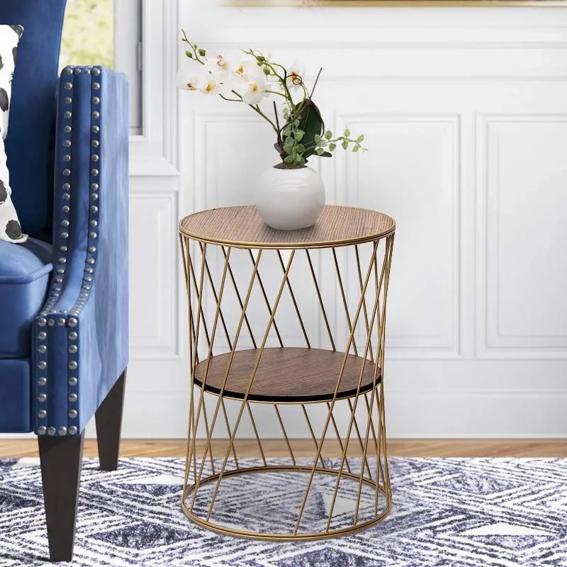 Τραπεζάκι βοηθητικό Jaspin Megapap μεταλλικό - Mdf χρώμα χρυσό - καρυδί 32x32x44εκ.