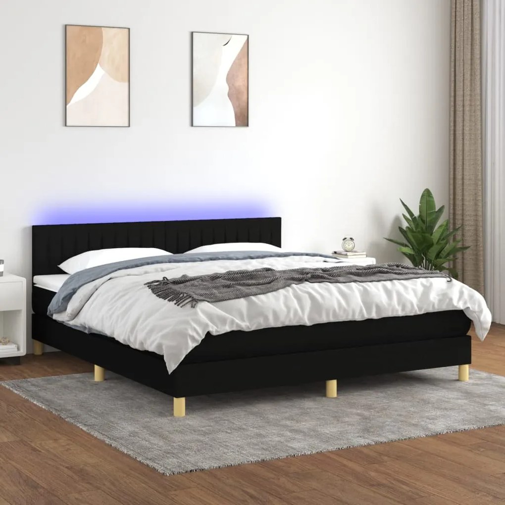 vidaXL Κρεβάτι Boxspring με Στρώμα & LED Μαύρο 180x200 εκ. Υφασμάτινο