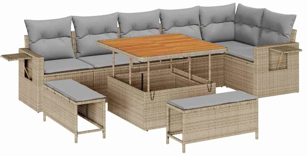 vidaXL Σετ Καναπέ Κήπου Ρυθμιζόμενο ύψος 9 pcs Μπεζ συνθετικό ρατάν