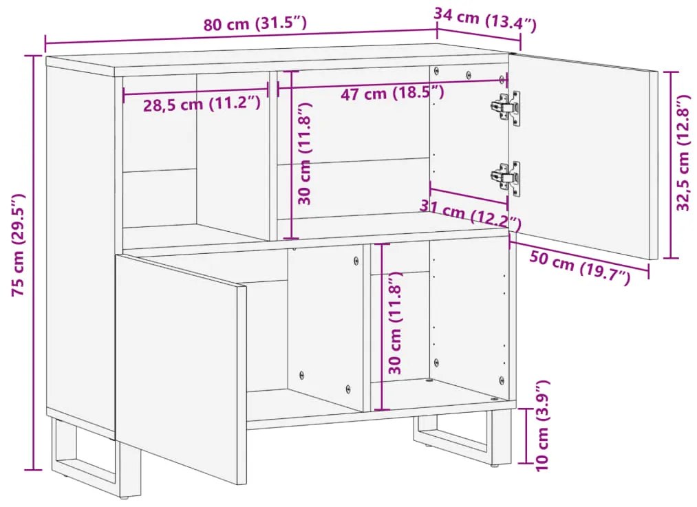 Ντουλάπι Καφέ 80x34x75 εκ. από Μασίφ Ξύλο Μάνγκο - Καφέ