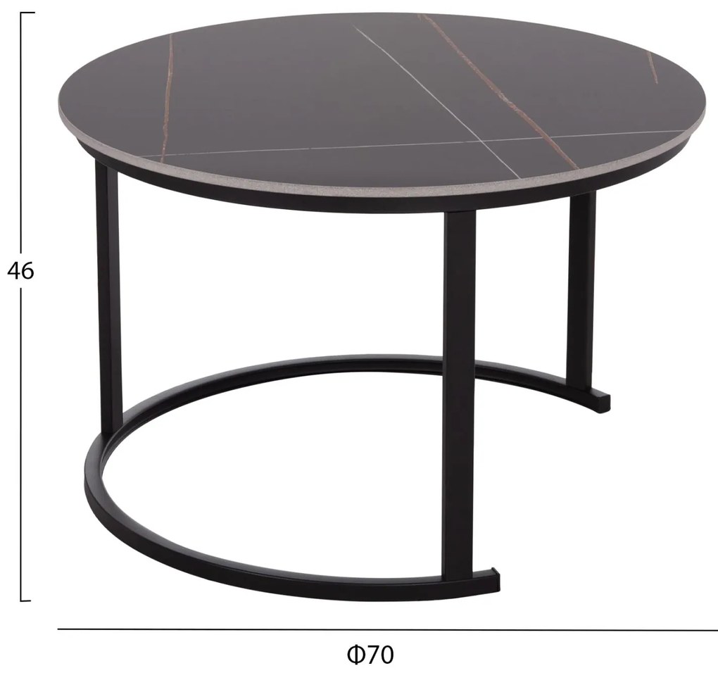 Τραπεζάκια σαλονιού TALOS Σετ 2 τμχ. Κεραμικό TOP με Όψη Μαύρου Μαρμάρου Φ70 + Φ50εκ. 70x70x45.5 εκ.