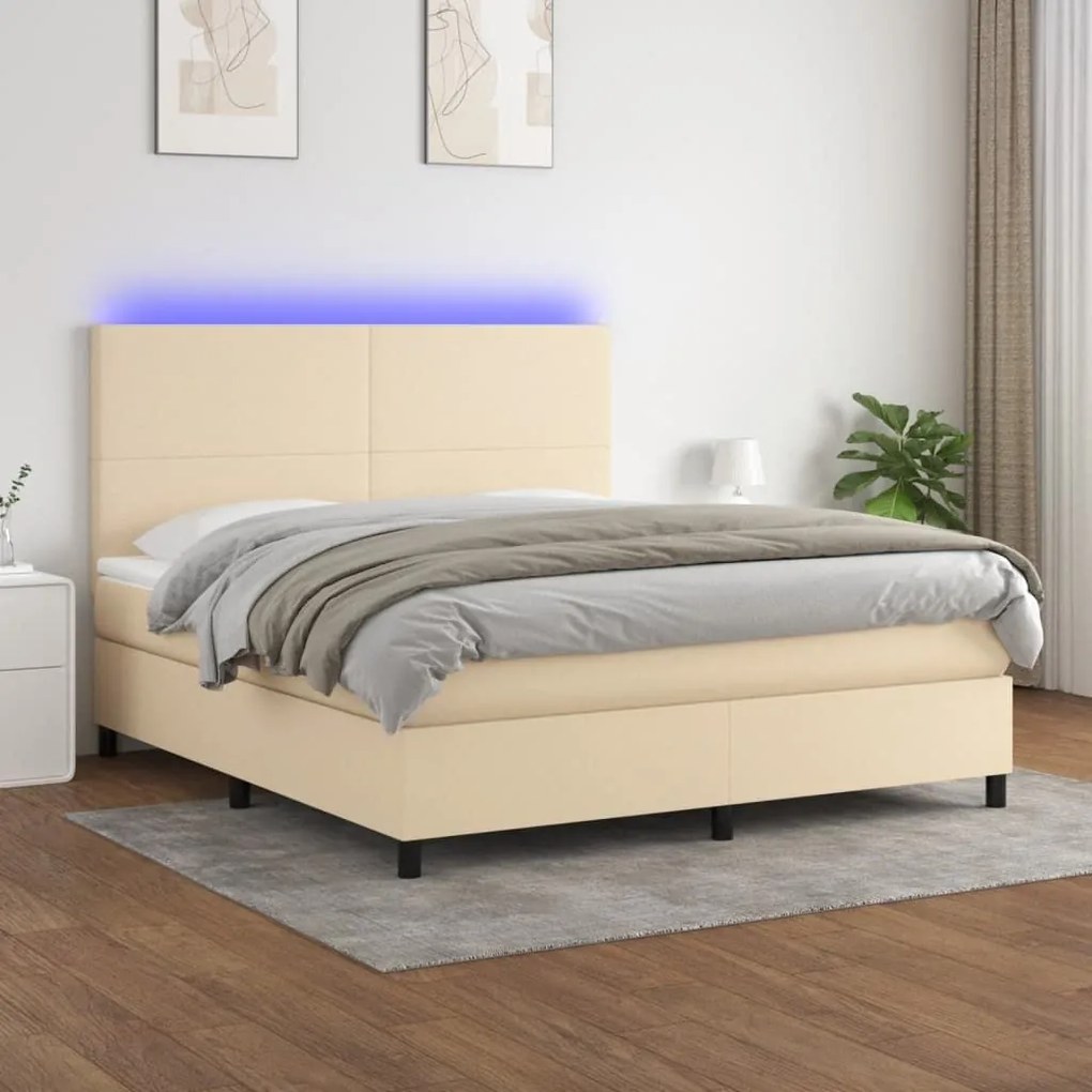 Κρεβάτι Boxspring με Στρώμα &amp; LED Κρεμ 180x200 εκ. Υφασμάτινο - Κρεμ