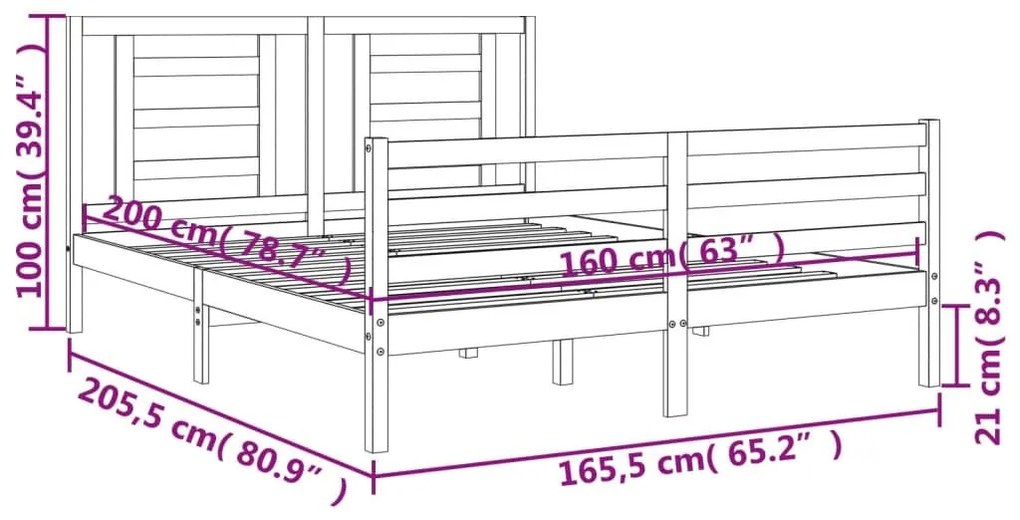 Πλαίσιο Κρεβατιού με Κεφαλάρι 160x200 εκ. από Μασίφ Ξύλο - Καφέ