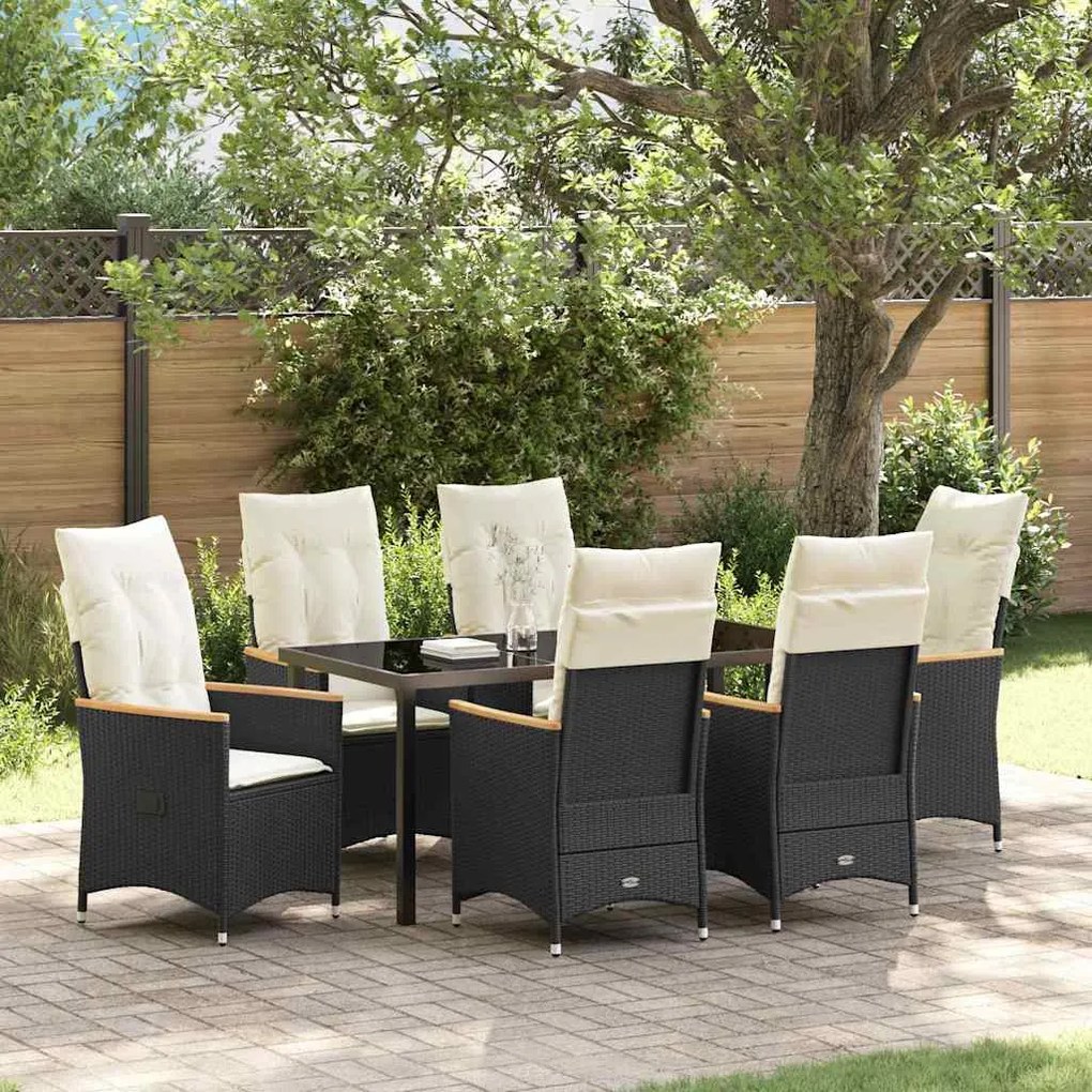 vidaXL Σέτ φαγητού για κήπο με μαξιλάρι 7 pcs Μαύρο Πολυ ράταν