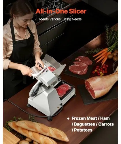 VEVOR Commercial Meat Slicer, 320W Electric Deli Slicer Machine with 250 mm Sharp Blade, Meat-Slicer with 450 RPM Slicing Speed, 0-10 mm Adjustable Thickness, for Frozen Meat, Ham, Baguett &amp; Steak