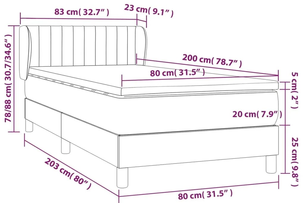 vidaXL Κρεβάτι Boxspring με Στρώμα Ανοιχτό Γκρι 80x200 εκ. Βελούδινο