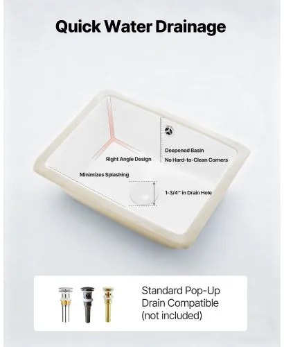 VEVOR Undermount Bathroom Sink, 400 x 305 mm Rectangular White Ceramic Vessel Sink with Overflow Hole, Under Counter Drop in Modern Lavatory Vanity Bath Wash Bowl Basin, Rectangle for Small Space