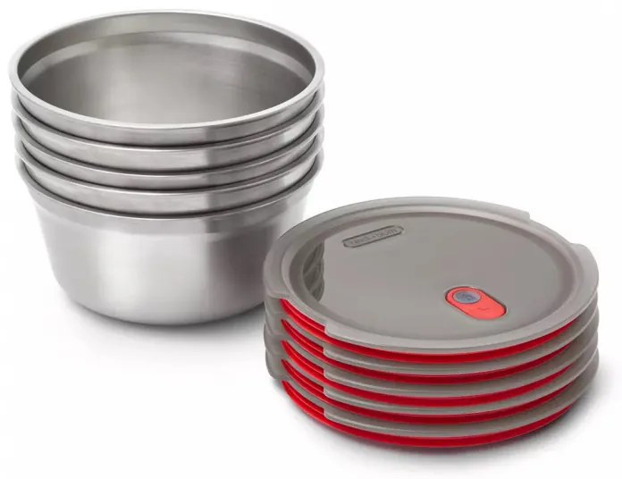 Τάπερ φαγητού Black+Blum Meal Prep FBSS-BL-L017, 950 ml, Στρογγυλό, Θυρίδα ασφαλείας στο φούρνο, Χωρίς BPA, Ανοξείδωτο ατσάλι, Γκρι/Κόκκινο
