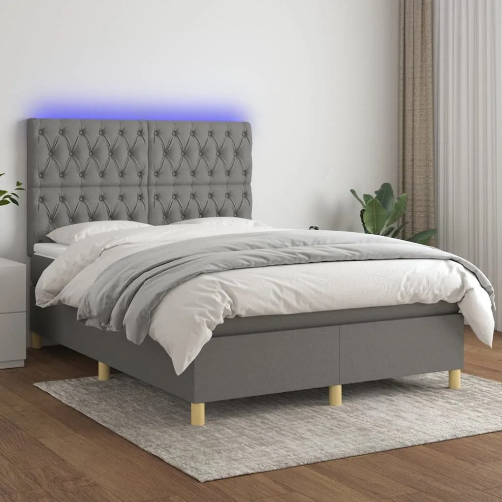 Κρεβάτι Boxspring με Στρώμα & LED Σκ.Γκρι 140x190εκ. Υφασμάτινο