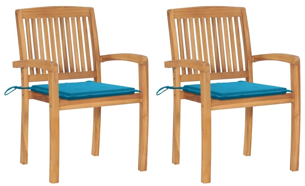 vidaXL Καρέκλες Κήπου 2 τεμ. από Μασίφ Ξύλο Teak με Μπλε Μαξιλάρια