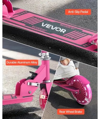 VEVOR Kick Scooter for Kids Ages 3+, 2-Wheel Toddler Scooter with Light-Up Wheels, Adjustable Height Handlebar, Wide Anti-Slip Deck, Foldable Lightweight Frame for Boys and Girls up to 49.9 kg, Pink