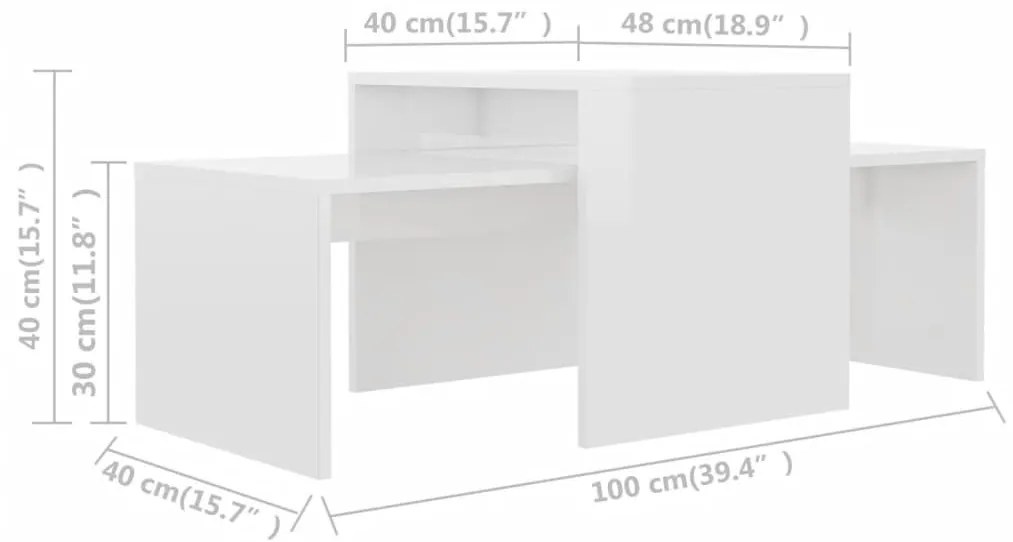 Σετ Τραπεζάκια Σαλονιού Γυαλ. Λευκό 100x48x40 εκ. Επεξ. Ξύλο - Λευκό