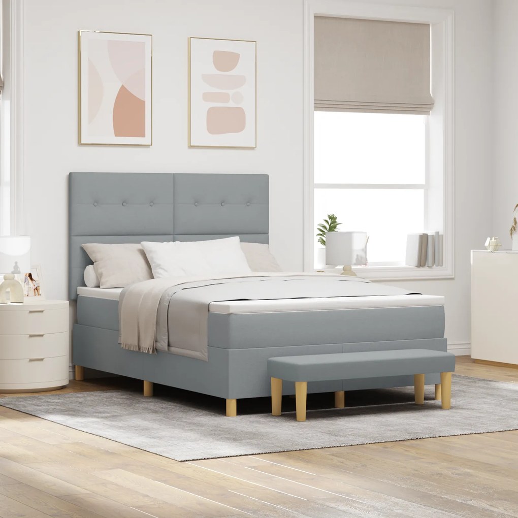 vidaXL Κρεβάτι Box Spring με στρώμα και πάγκο Ανοιχτό Γκρι 140x190 εκ Υφάσμα