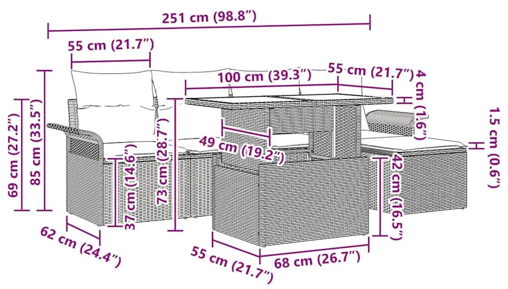 vidaXL Σετ Καναπέ Κήπου με μαξιλάρι 6 pcs Ανοιχτό γκρι Πολυ ράταν