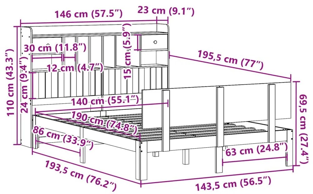 Κρεβάτι Βιβλιοθήκη Χωρίς Στρώμα 140x190 εκ Μασίφ Ξύλο Πεύκου - Λευκό