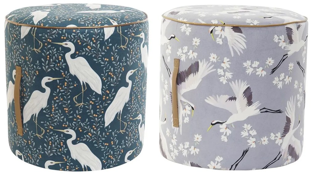 Υποπόδια DKD Home Decor Μπλε Λευκό Πράσινο Ξύλο Βελούδο Πουλί Ανατολικó 35 x 35 x 35 cm (x2)