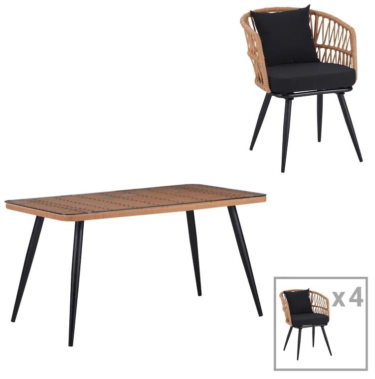 Σετ κήπου - Τραπεζαρία Naoki 5 τεμ. γυαλί - pe rattan φυσικό - μαύρα πόδια 140x80x78 εκ. 140x80x78 εκ.