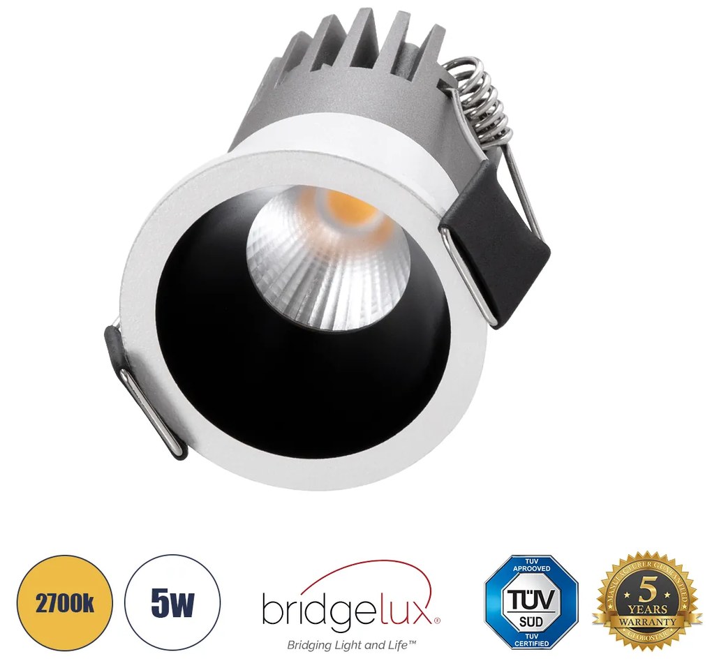 GloboStar® MICRO-S 60235 Χωνευτό LED Spot Downlight TrimLess Φ4cm 5W 625lm 38° AC 220-240V IP20 Φ4 x Υ5.9cm - Στρόγγυλο - Λευκό με Μαύρο Κάτοπτρο - Θερμό Λευκό 2700K - Bridgelux COB - 5 Years Warranty