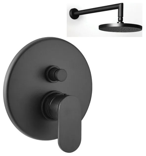 Armando Vicario Slim Black Matt Μίκτης Εντοιχισμού 2 Εξόδων με Εκτροπέα+Ανακλινόμενη Κεφαλή Round Ø30εκ+Μπράτσο Τοίχου