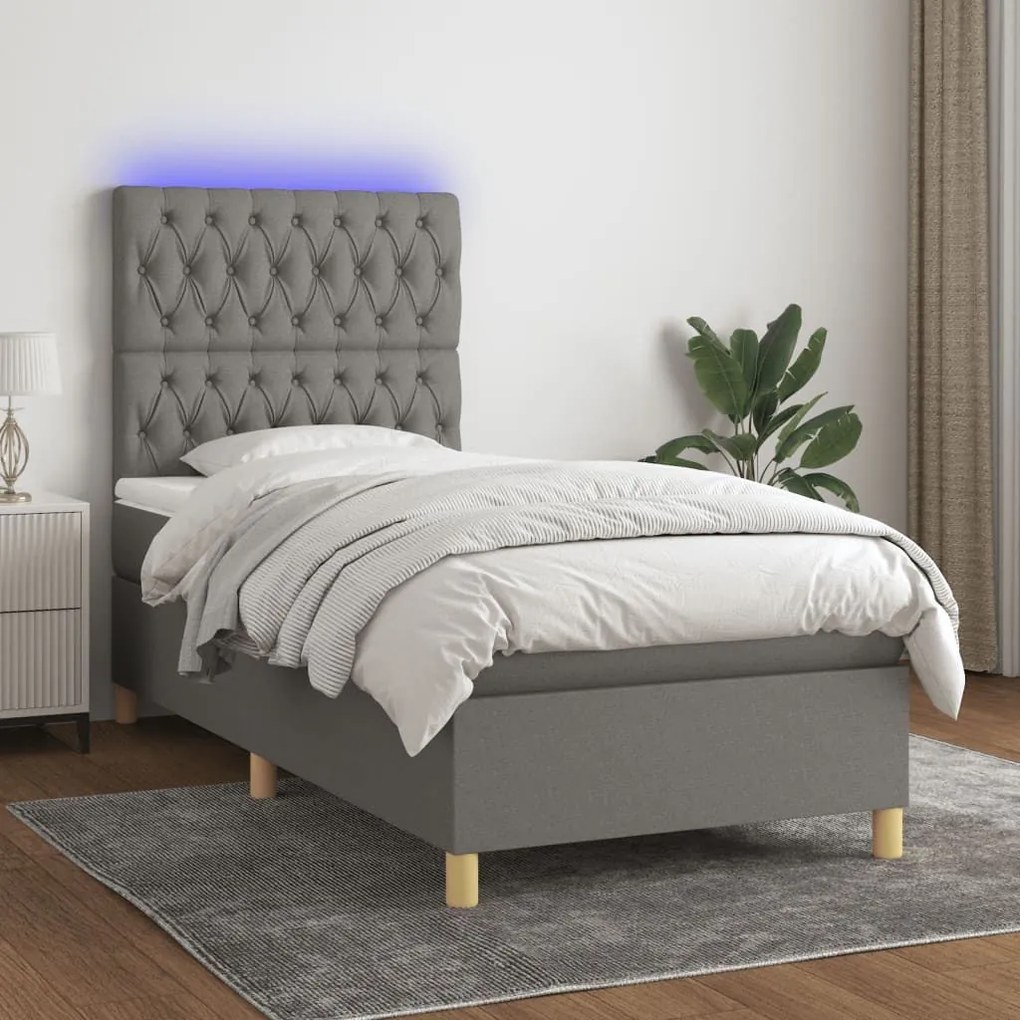 ΚΡΕΒΑΤΙ BOXSPRING ΜΕ ΣΤΡΩΜΑ &amp; LED ΣΚ.ΓΚΡΙ 90X200 ΕΚ. ΥΦΑΣΜΑΤΙΝΟ 3135646