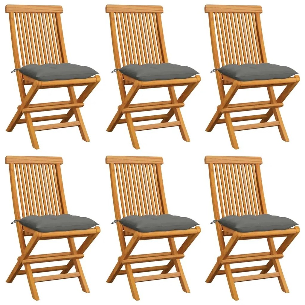 Καρέκλες Κήπου 6 Τεμαχίων από Μασίφ Ξύλο Teak με Γκρι Μαξιλάρια - Γκρι