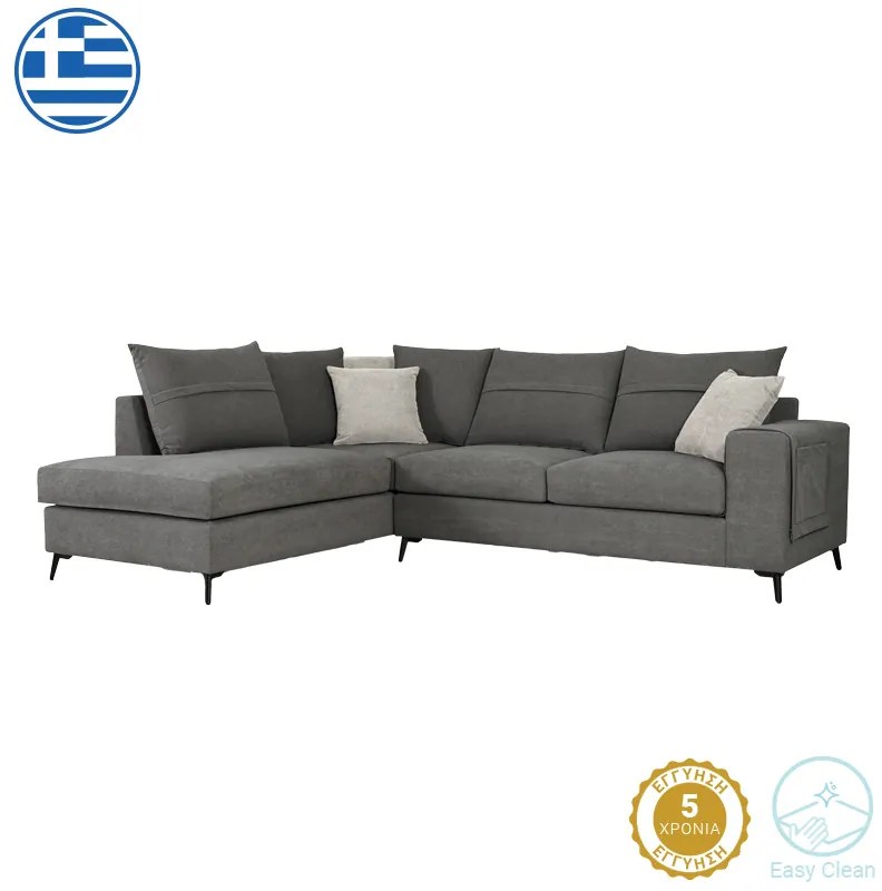 Γωνιακός καναπές δεξιά γωνία Montana pakoworld ποντικί ύφασμα με μαξιλάρια σε απόχρωση ανοιχτό γκρι 275x215x93εκ