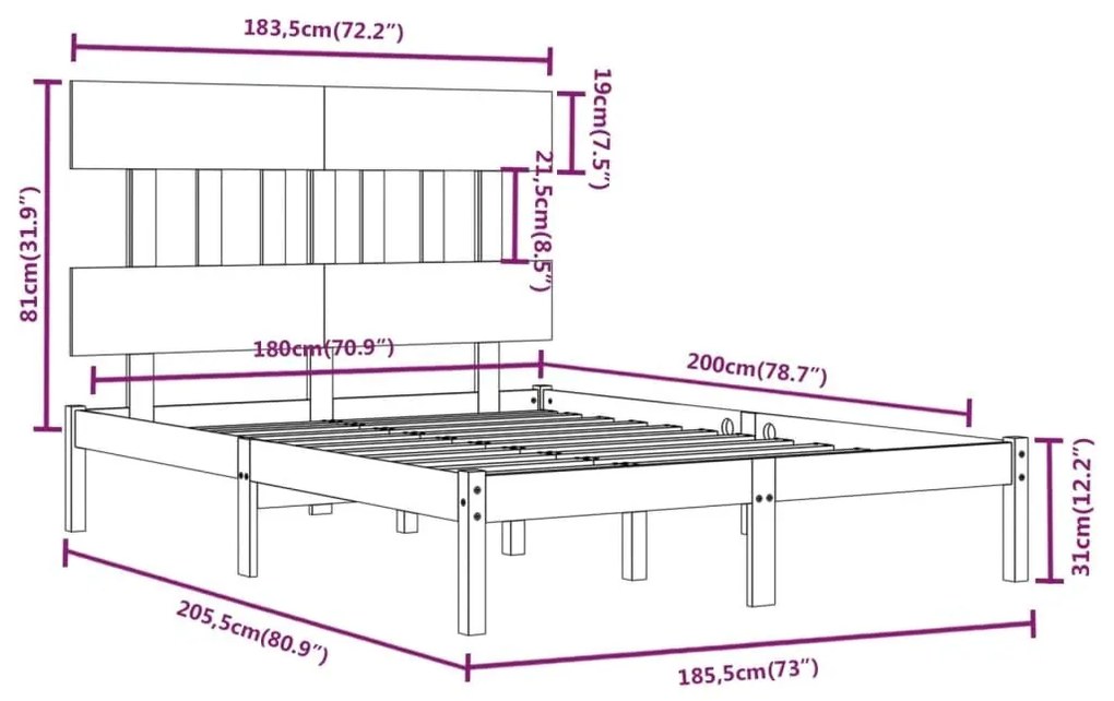 Πλαίσιο Κρεβατιού 180 x 200 εκ. Μασίφ Ξύλο Super King Size - Καφέ