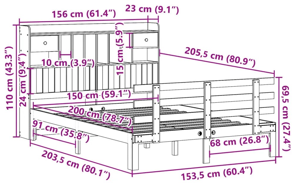 Κρεβάτι Βιβλιοθήκη Χωρίς Στρώμα 150x200 εκ Μασίφ Ξύλο Πεύκου - Λευκό