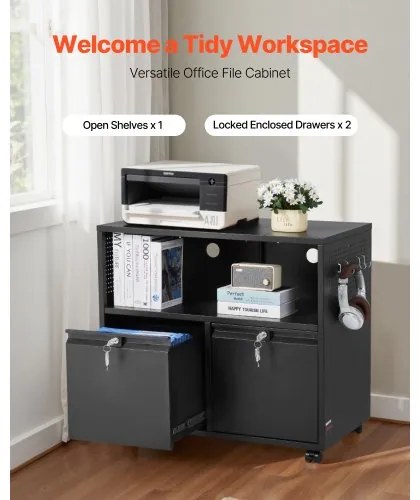 VEVOR 2 Drawers Lateral Metal File Cabinet with Lock and Hanging Rod Black
