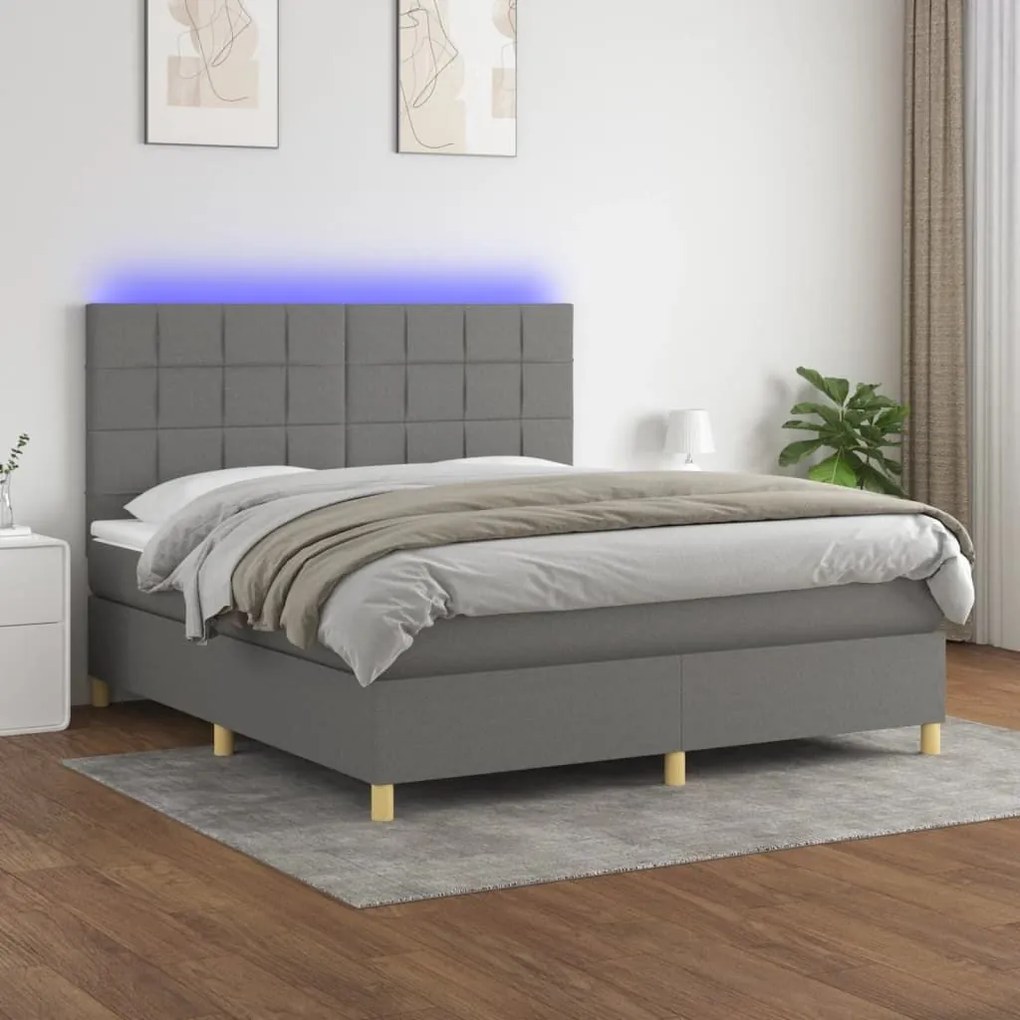 Κρεβάτι Boxspring με Στρώμα &amp; LED Σκ.Γκρι 180x200 εκ Υφασμάτινο - Γκρι