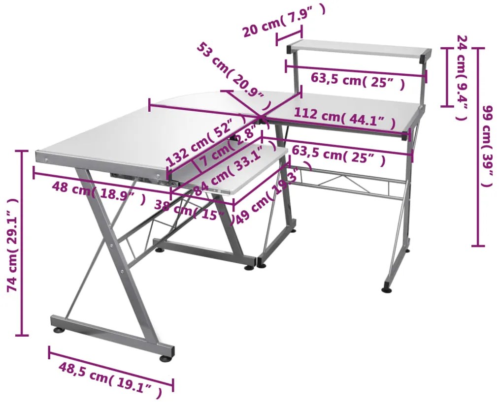 vidaXL Γραφείο Υπολογιστή Γωνιακό Λευκό 132x112x99 εκ. Επεξ. Ξύλο