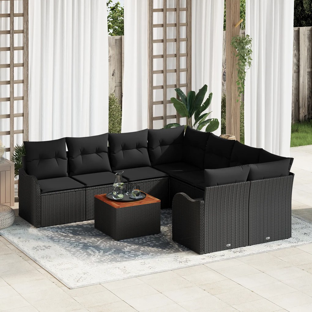 vidaXL Σετ Σοφάκι Κήπου 9 pcs Μαύρο Μεγάλο Ρατάν, Ξύλο