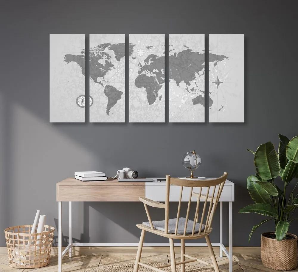 Χάρτης με 5 μέρη εικόνας του κόσμου με πυξίδα σε ρετρό στυλ σε ασπρόμαυρο - 100x50