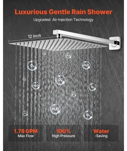 VEVOR Shower Faucet Set 12&quot; Square Rain Shower Head and Hand Set Silver Chrome