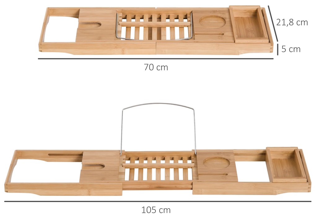 HOMCOM Επιτοίχιο μπάνιου από μπαμπού, ρυθμιζόμενο ταψί μπάνιου για βιβλίο, iPad, τηλέφωνο, SPA