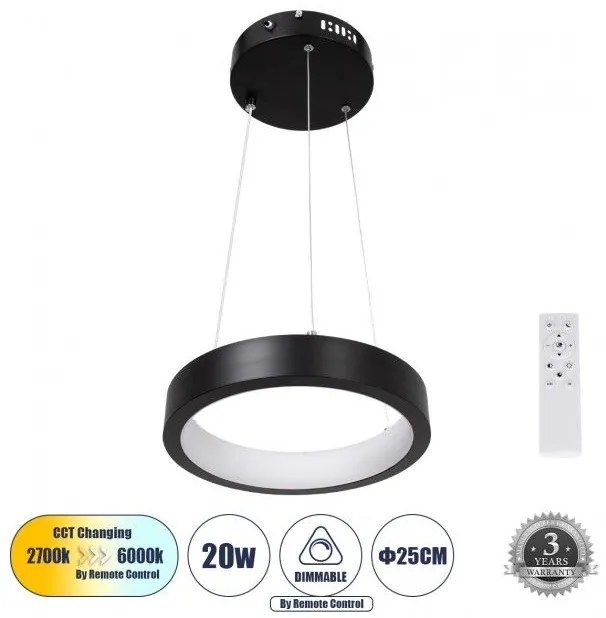 Κρεμαστό Φωτιστικό Οροφής LED CCT 20W 2356 lm NEMESIS 61152 Μαύρο Globostar 61152 Μαύρο