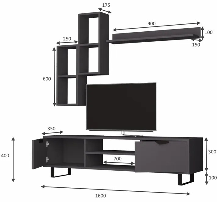 Σύνθεση τηλεόρασης Lonsa Megapap χρώμα ανθρακί 160x35x40εκ.