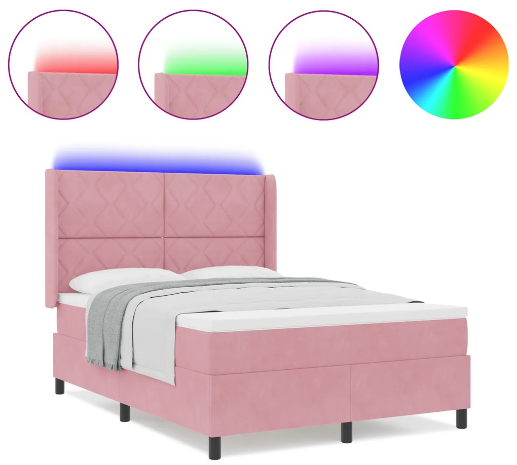 vidaXL κρεβάτι box spring με στρώμα & LED Ροζ 140x200 εκ Βελούδο